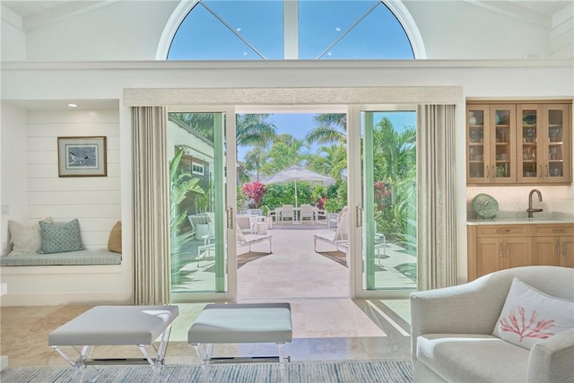 entryway with high vaulted ceiling and a sink