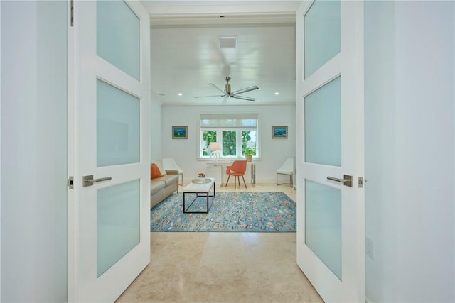 living room featuring visible vents, recessed lighting, and ceiling fan