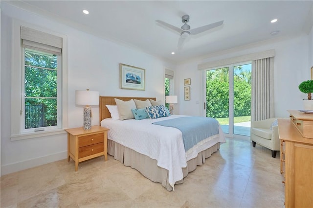 bedroom with a ceiling fan, baseboards, recessed lighting, ornamental molding, and access to outside