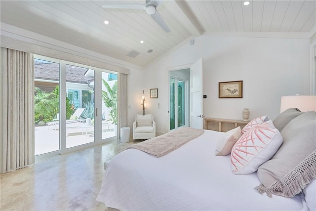 bedroom featuring access to exterior, recessed lighting, lofted ceiling with beams, and a ceiling fan