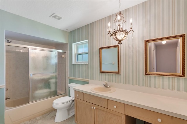 2615 15th St, Vero Beach, FL 32960 - full bathroom featuring wallpapered walls, vanity, combined bath / shower with glass door, a chandelier, and tile patterned floors