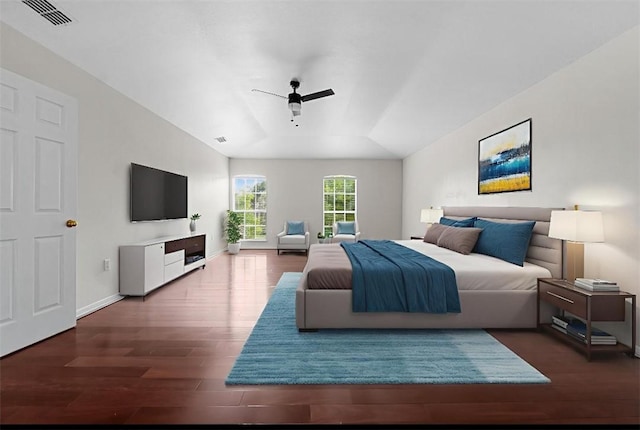 6057 Ridge Lake Cir, Vero Beach, FL 32967 - bedroom with wood finished floors, ceiling fan, and lofted ceiling