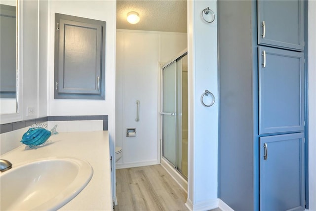 7519 Chasta Rd Unit 0, Micco, FL 32976 - full bath featuring a sink, a shower stall, wood finished floors, toilet, and a textured ceiling