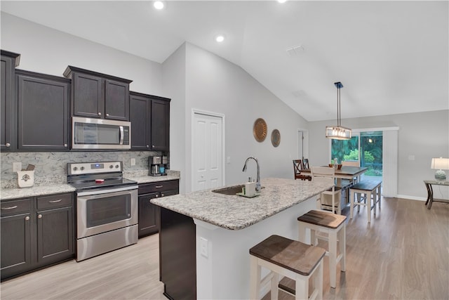 kitchen featuring stainless steel appliances, light hardwood / wood-style floors, sink, hanging light fixtures, and an island with sink