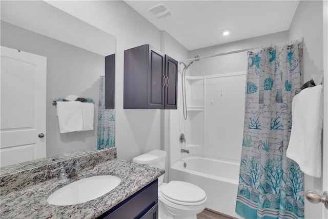 full bathroom with shower / bath combo, vanity, toilet, and hardwood / wood-style flooring