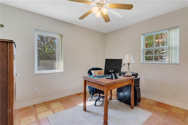 office featuring plenty of natural light and ceiling fan