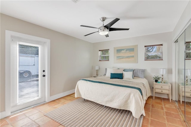 bedroom featuring ceiling fan and a closet