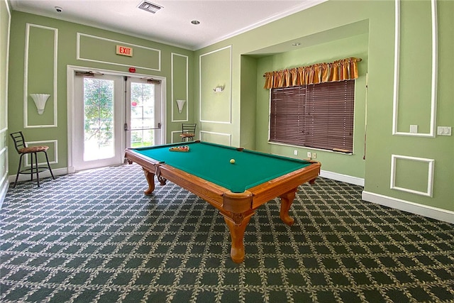 game room featuring billiards, crown molding, and dark carpet