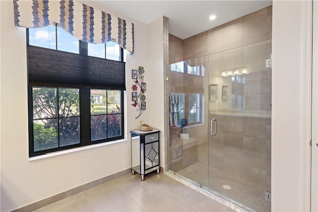 6210 Arcadia Sq, Vero Beach, FL 32966 - full bathroom with tile patterned floors, a stall shower, baseboards, and recessed lighting