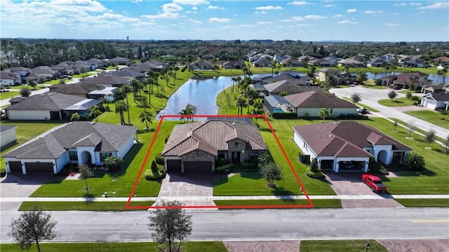 aerial view featuring a water view