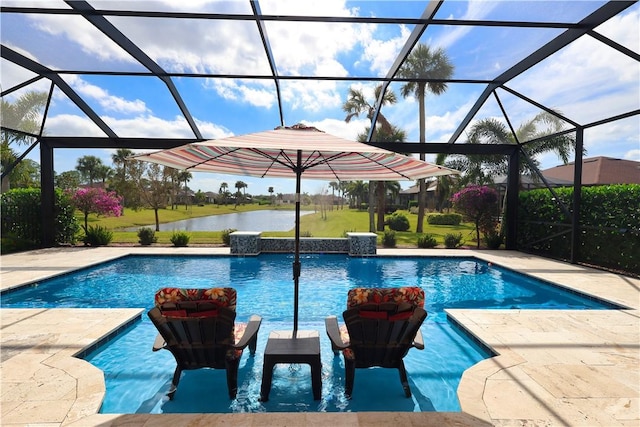 view of pool with a water view, pool water feature, a lanai, and a patio area