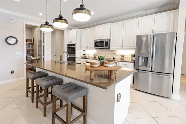 6210 Arcadia Sq, Vero Beach, FL 32966 - kitchen featuring appliances with stainless steel finishes, crown molding, dark countertops, light tile patterned flooring, and tasteful backsplash