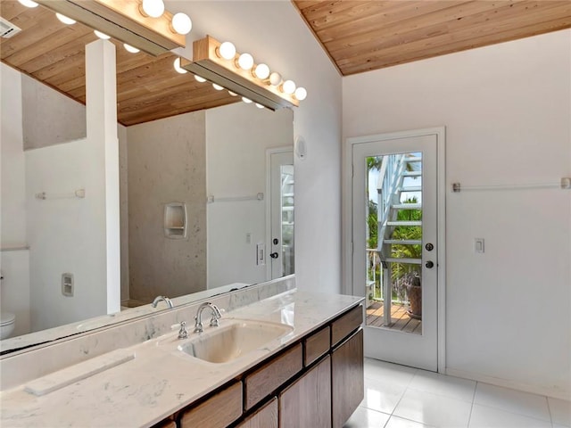 bathroom with tile patterned floors, toilet, vaulted ceiling, wooden ceiling, and vanity
