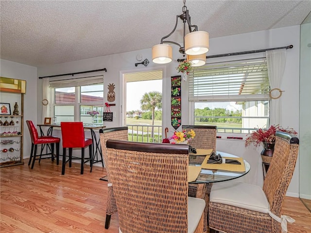 dining area with hardwood / wood-style flooring, a wealth of natural light, and a textured ceiling