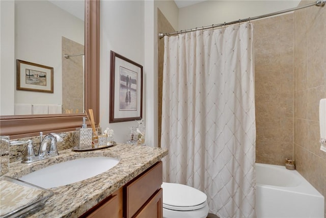 full bathroom featuring vanity, shower / bath combination with curtain, and toilet