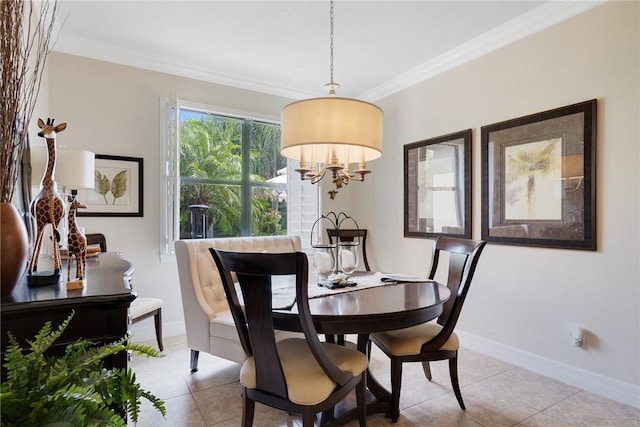 tiled dining room featuring crown molding and a notable chandelier