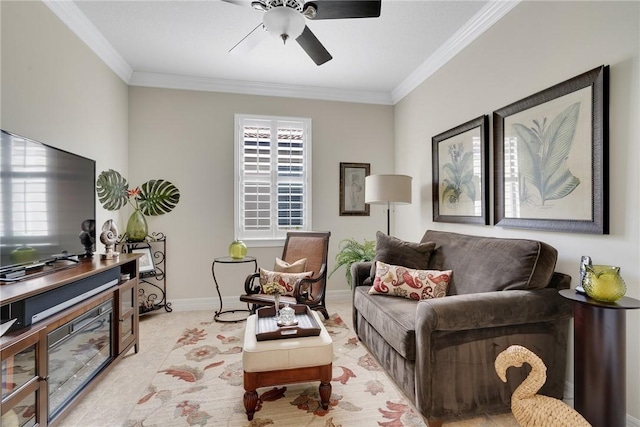 living room featuring ceiling fan and ornamental molding