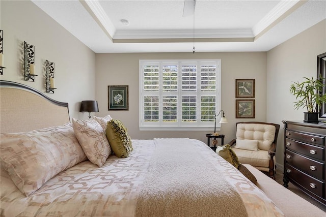 bedroom with a raised ceiling, ceiling fan, and crown molding