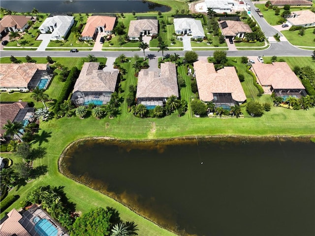 drone / aerial view featuring a water view