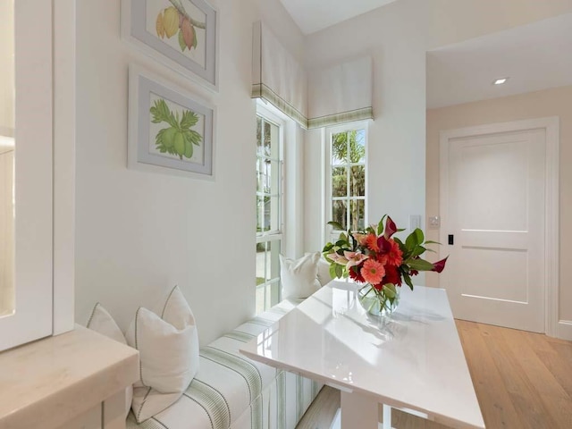 dining space with light hardwood / wood-style floors