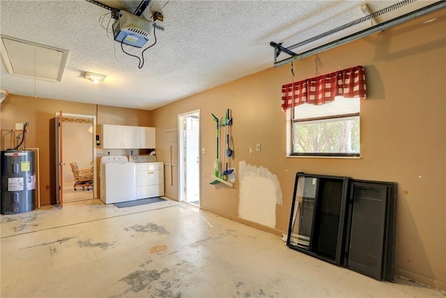 garage with washer and dryer, electric water heater, and a garage door opener