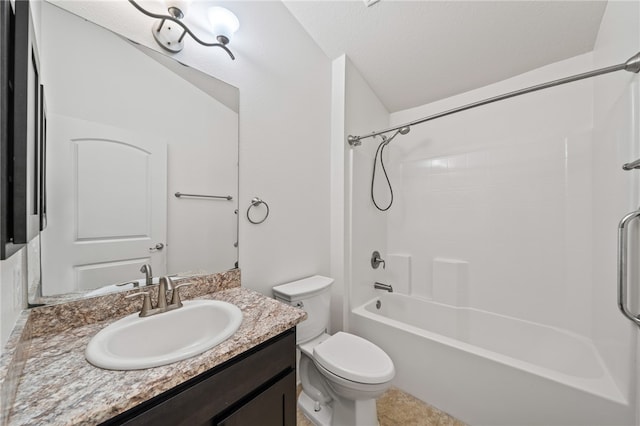 full bathroom featuring  shower combination, vanity, toilet, and a textured ceiling