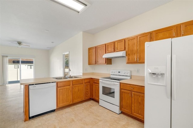 kitchen with sink, white appliances, kitchen peninsula, and ceiling fan