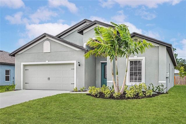 9316 104th Ave, Vero Beach, FL 32967 - view of front of home featuring driveway, a garage, a front lawn, and stucco siding