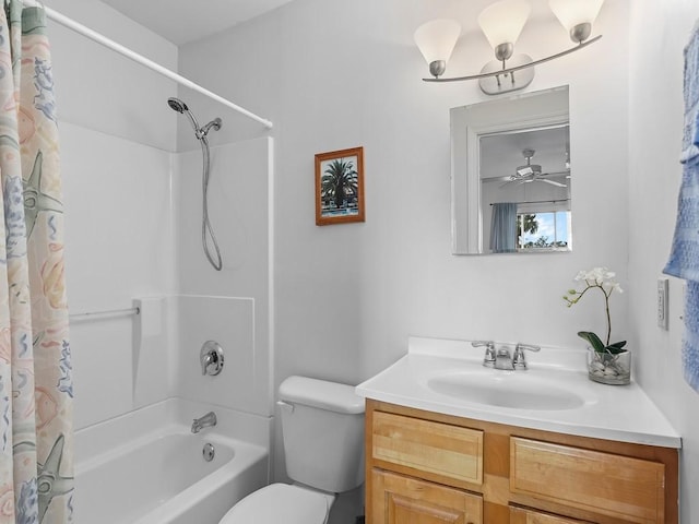 full bathroom with vanity, toilet, and shower / bathtub combination with curtain