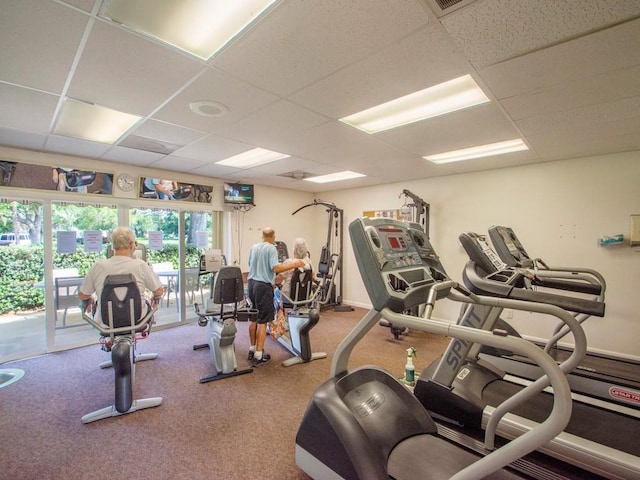 workout area featuring carpet flooring and a drop ceiling