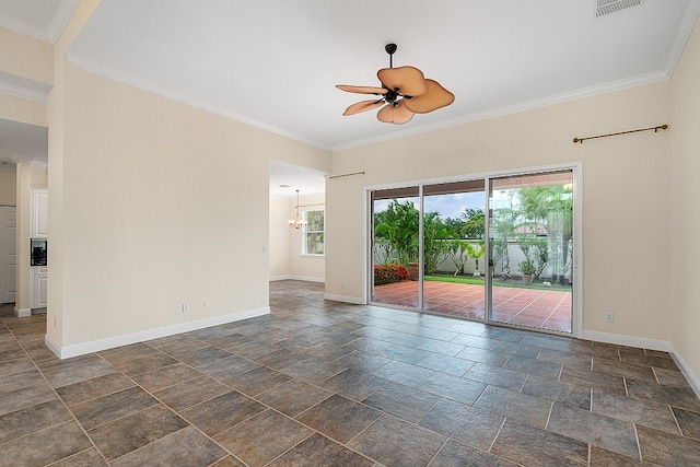 empty room with ceiling fan with notable chandelier and crown molding