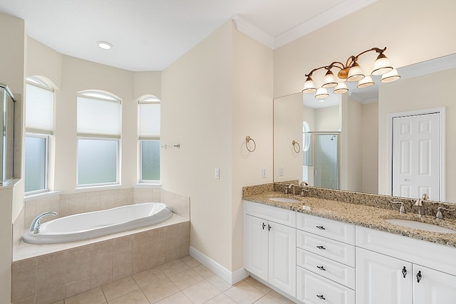 bathroom featuring ornamental molding, tile patterned flooring, vanity, and independent shower and bath