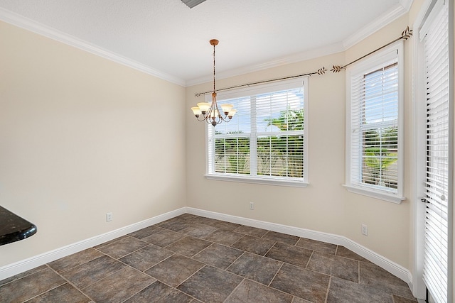 unfurnished dining area featuring a chandelier and ornamental molding