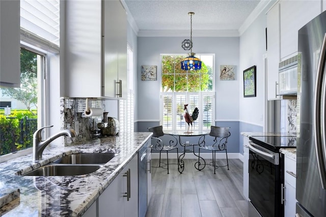 8720 Wakefield Dr, West Palm Beach, FL 33410 - kitchen with ornamental molding, appliances with stainless steel finishes, a sink, and plenty of natural light