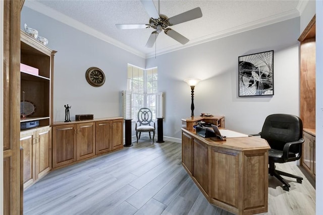 8720 Wakefield Dr, West Palm Beach, FL 33410 - home office featuring light wood-type flooring, a textured ceiling, crown molding, and ceiling fan
