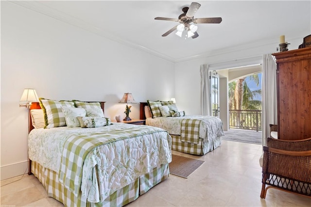 bedroom with ceiling fan, ornamental molding, and access to outside