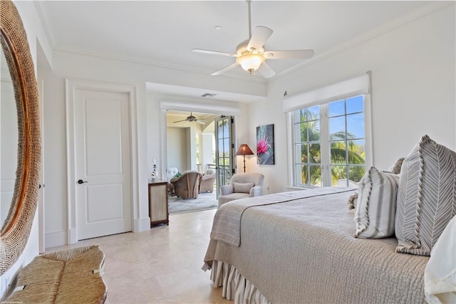 bedroom featuring crown molding and ceiling fan