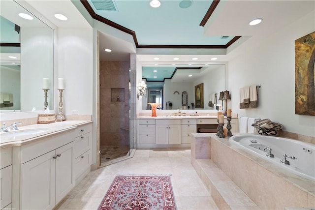 bathroom with vanity, separate shower and tub, ornamental molding, and tile patterned floors