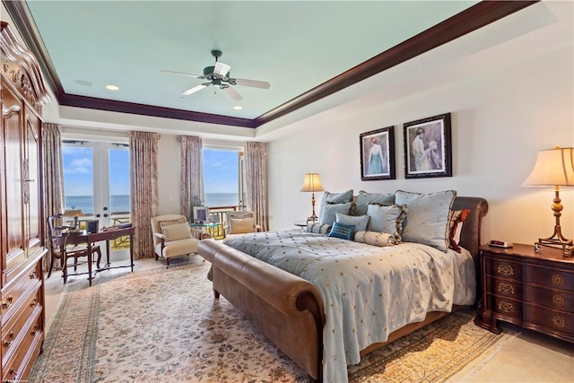 bedroom featuring a water view, ceiling fan, ornamental molding, and french doors