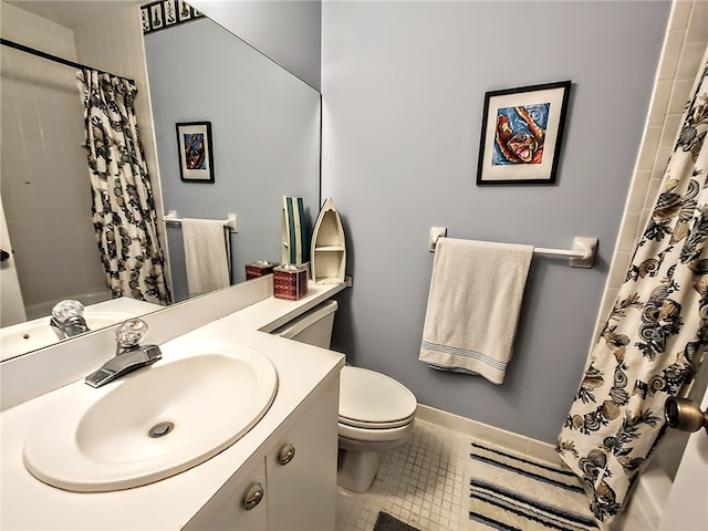 bathroom with vanity, toilet, tile patterned floors, and a shower with shower curtain