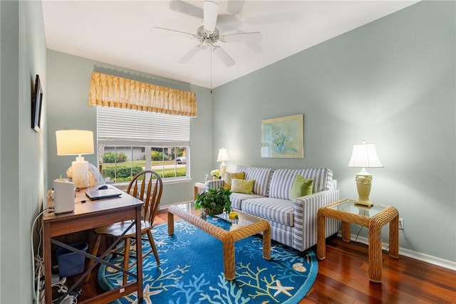 interior space featuring ceiling fan and dark hardwood / wood-style flooring