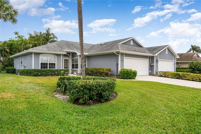 single story home with a front yard and a garage