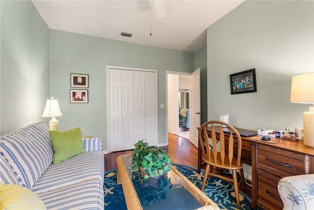 office featuring ceiling fan and hardwood / wood-style floors