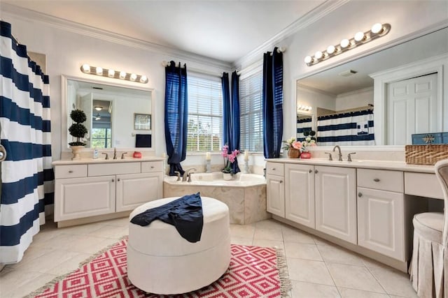 bathroom with tile patterned flooring, ornamental molding, and a sink