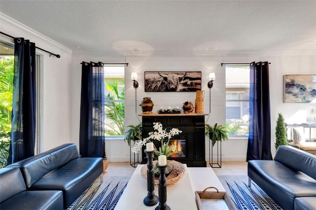 living room with a wealth of natural light, a fireplace with flush hearth, and ornamental molding