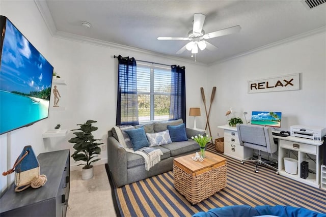 carpeted living area featuring crown molding, a ceiling fan, and visible vents