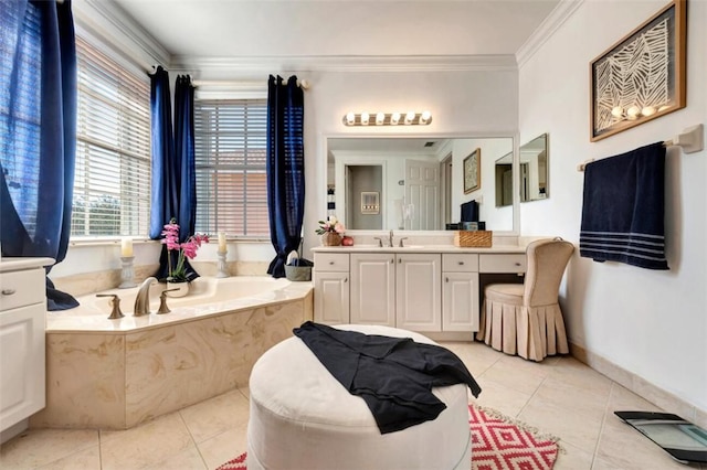 bathroom featuring tile patterned floors, crown molding, baseboards, a bath, and vanity