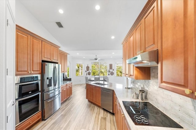 kitchen with lofted ceiling, sink, light hardwood / wood-style flooring, appliances with stainless steel finishes, and light stone countertops