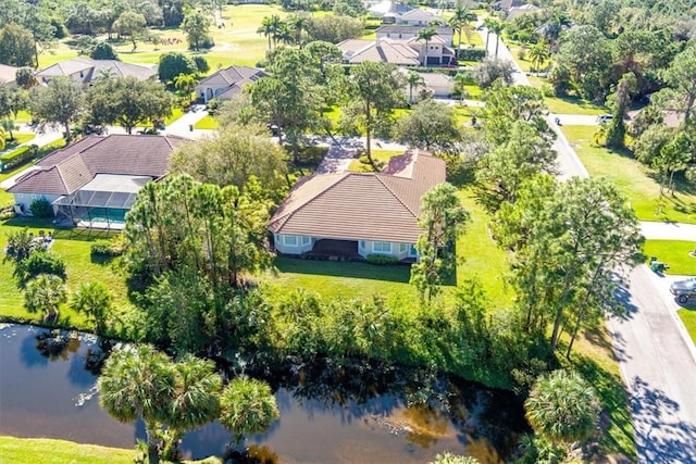 bird's eye view with a water view