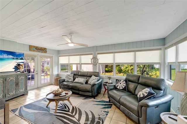 sunroom with french doors, ceiling fan, and wooden ceiling